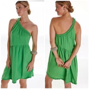 Anthropologie one shoulder asymmetrical green tiered dress